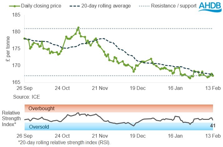 Line graph showing UK feed wheat futures prices, May-26 contract, over the past six months.